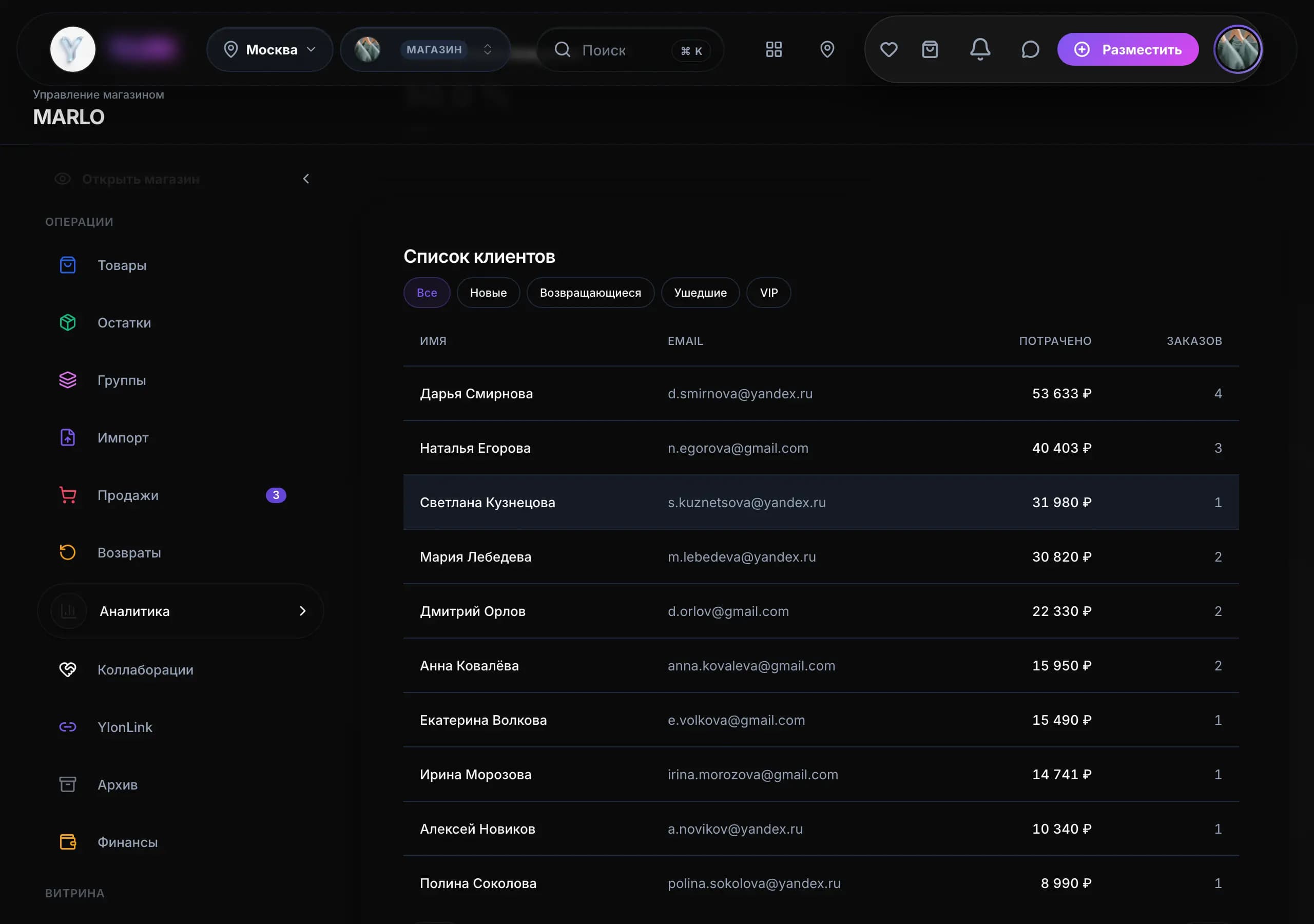 Список покупателей магазина в кабинете Ylon: имя, заказы, сумма, сегмент